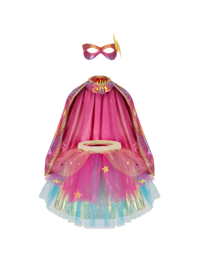 Ensemble Super-Duper Tutu Cape & Masque – Déguisement enfant Rose & Or 4-6 ans