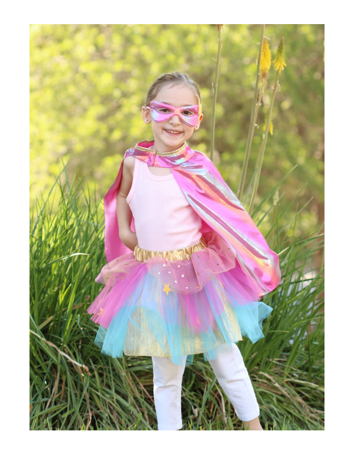 Ensemble Super-Duper Tutu Cape & Masque – Déguisement enfant Rose & Or 4-6 ans