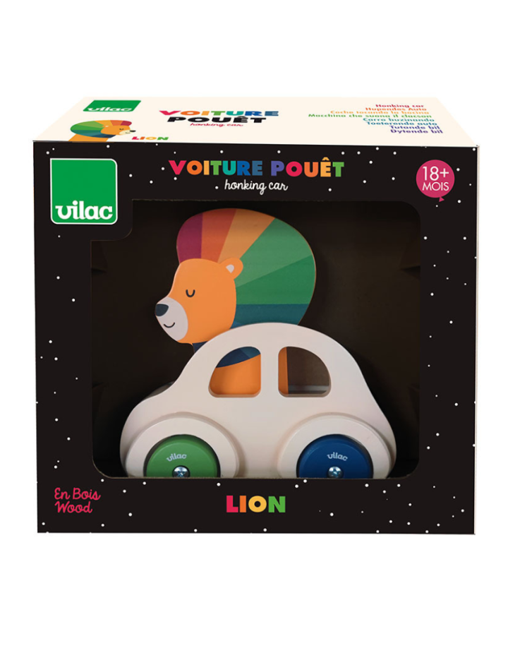 Voiture pouet Lion Vilac — Jouet d’éveil en bois pour enfants