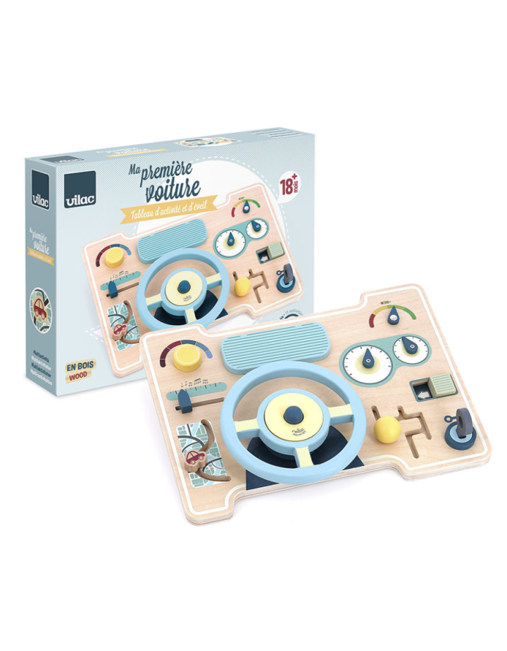 Jeu d’éveil bois Vilac – Tableau de bord multi‑activités 18 mois+