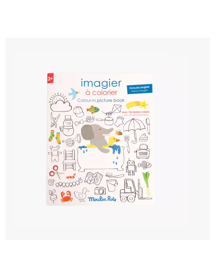 Imagier à colorier avec stickers Les Popipop Moulin Roty – Activité créative enfant