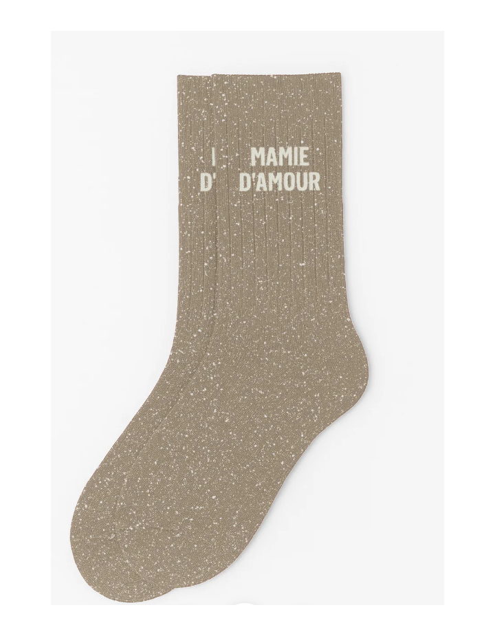 Chaussettes à paillettes “Mamie d’Amour” Beige – WOOM