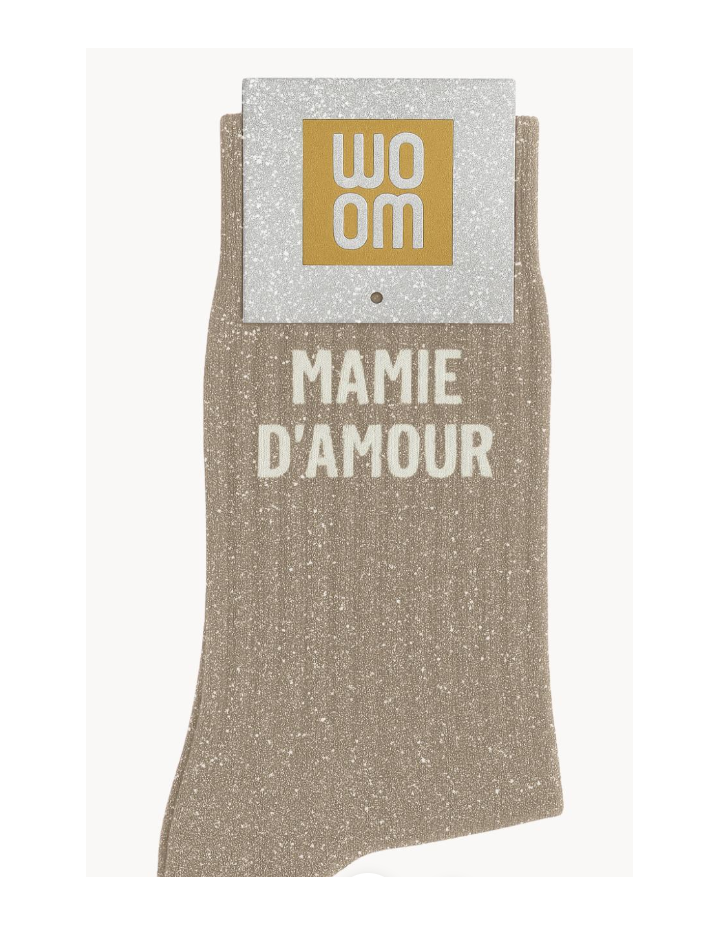 Chaussettes à paillettes “Mamie d’Amour” Beige – WOOM