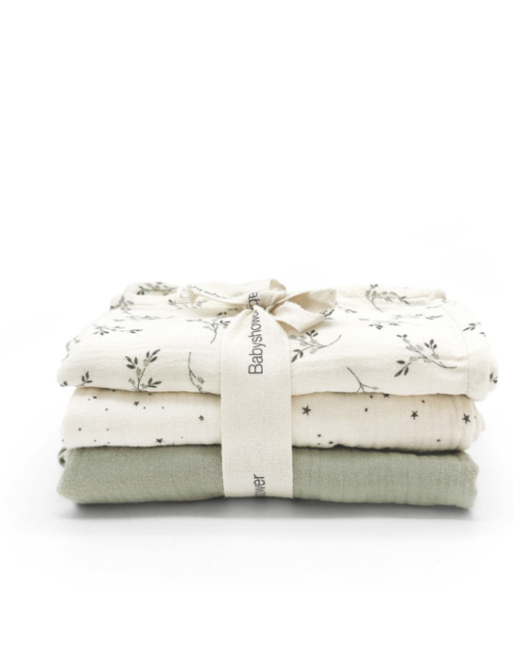 Pack 3 mini langes Olive Bloom 70x70 cm – Baby Shower